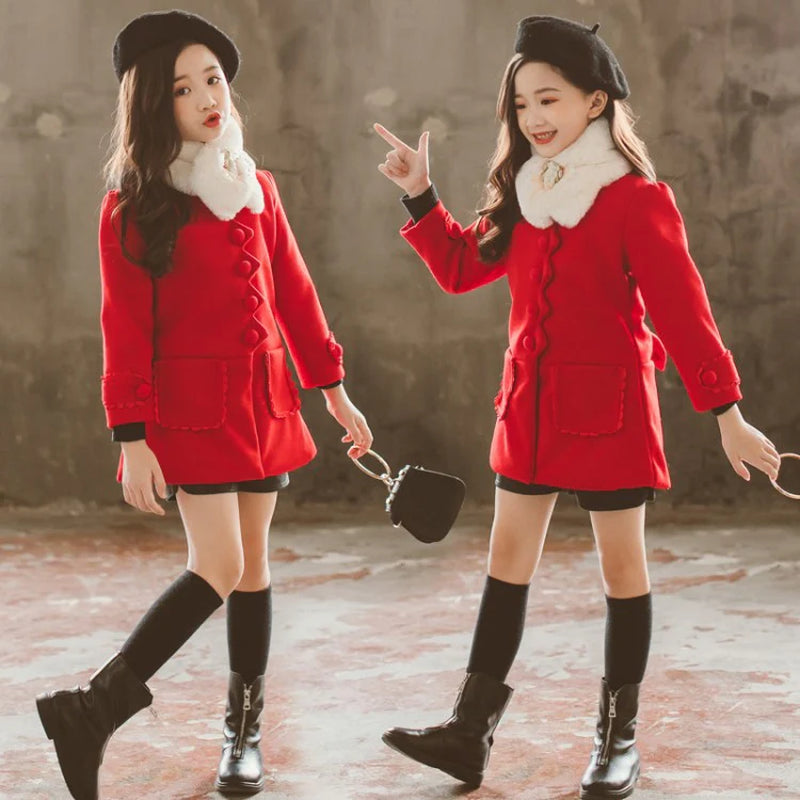 Kids' Mid-Length Jacket Fall Winter Thick Fur-Trimmed Coat