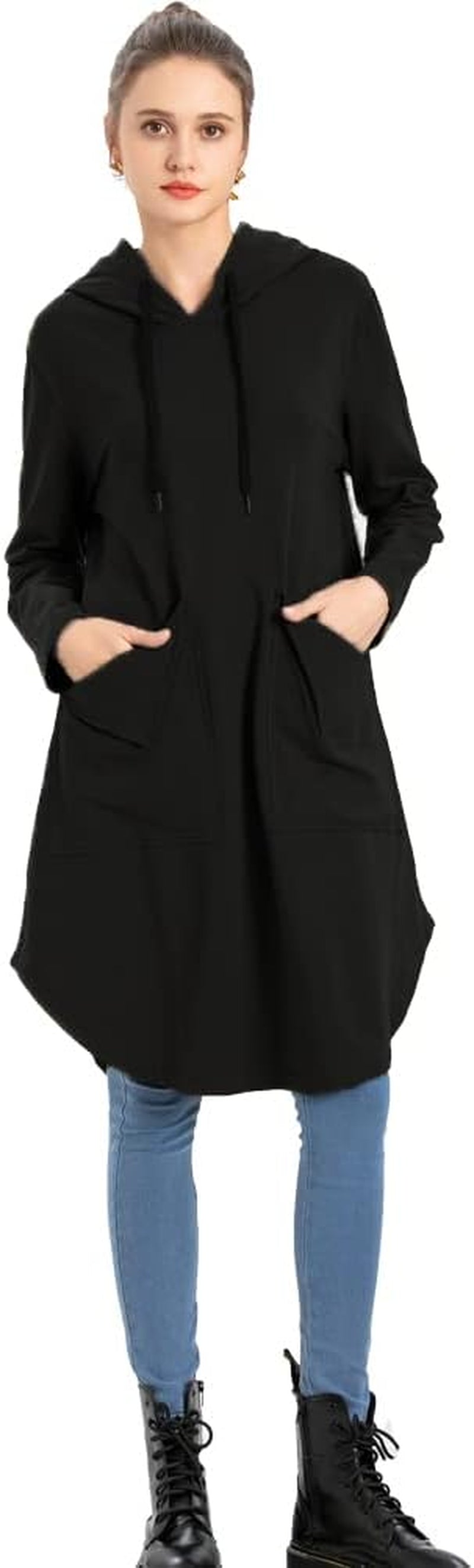 Women'S Sweatshirt Tunic Dresses Long Sleeve Casual Oversized Long Hoodie Pullovers(Style 6 Black 2XL)