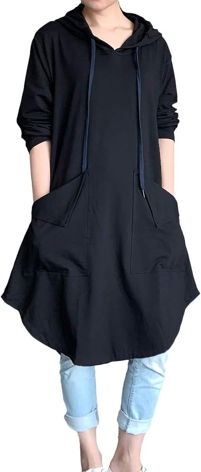 Women'S Sweatshirt Tunic Dresses Long Sleeve Casual Oversized Long Hoodie Pullovers(Black,L)
