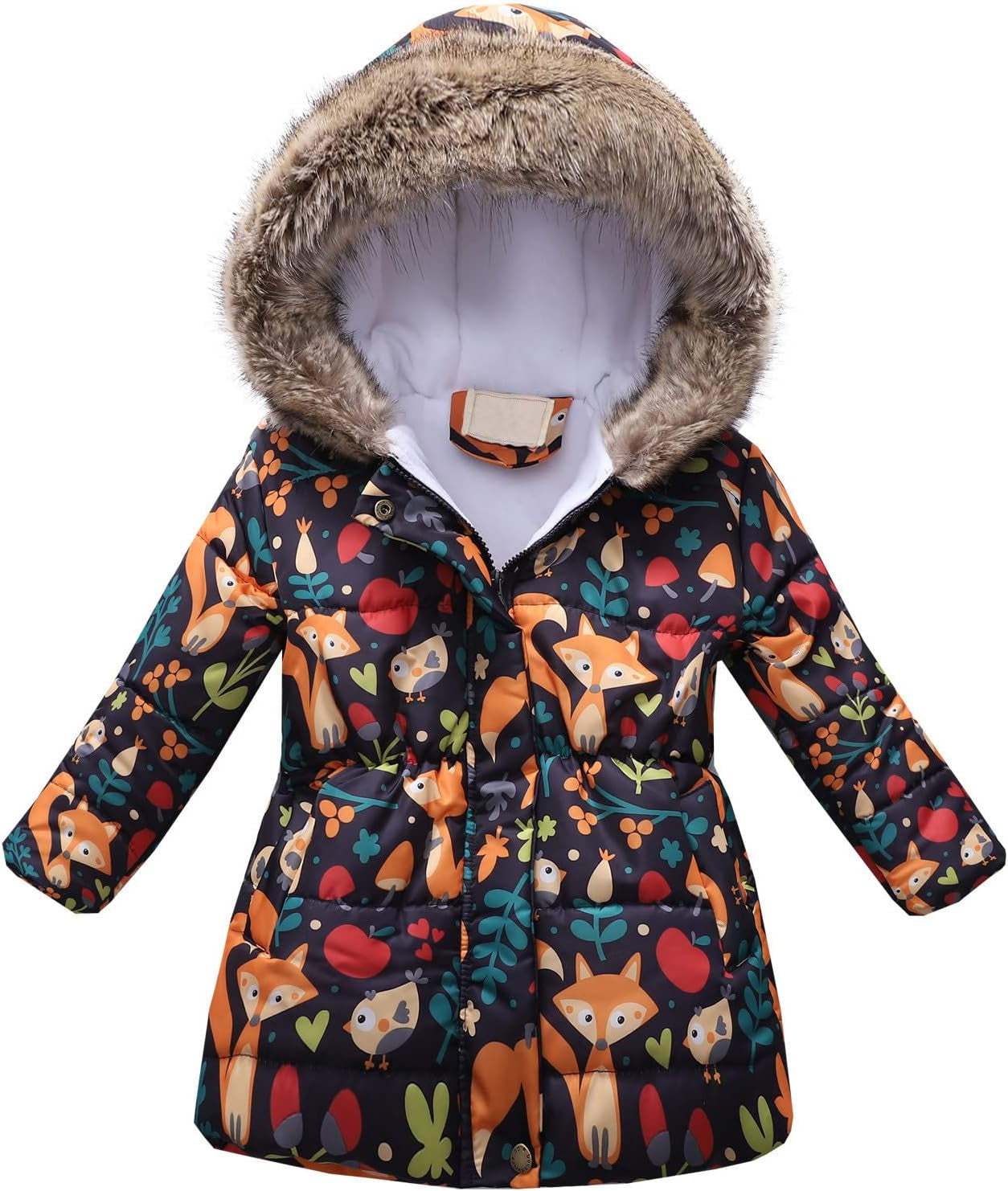 Kids Girls Faux Fur Hooded down Jacket Coat Kids Winter Warm Fleece Lined Thick Floral Hooded Windproof Coats Outerwear Z90